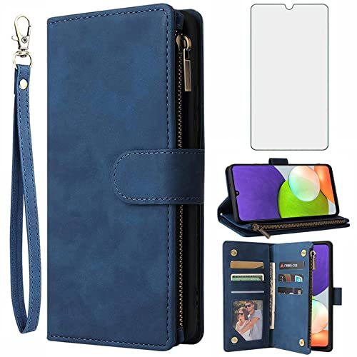 Asuwish Handyhülle für Samsung Galaxy A22/M32/M22 4G Hülle mit Folie Schutzfolie und Kartenfach Klappbar Leder Geldbörse Ständer Reißverschluss A 22 22A F22 G4 Handy Hüllen Schutzhülle Phone Case Blau