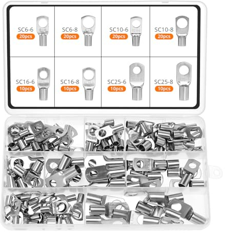 QWORK® 120 Stücke Rohrkabelschuhe, kabelschuhe set, Kupferkabelschuh, 6mm² 10mm² 16mm² 25mm², geeignet als Kabelverbinder für Kfz