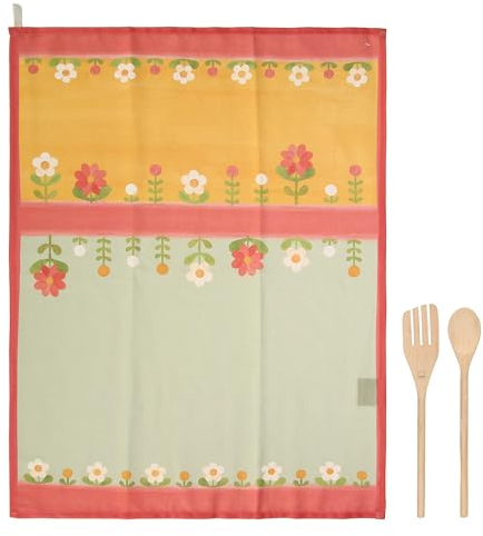 THUN, Set 1 Canovaccio in 100% Cotone e 2 Mestoli in Legno di Faggio, Linea Florianne, Canovaccio 50x68 cm, Mestoli 30 cm