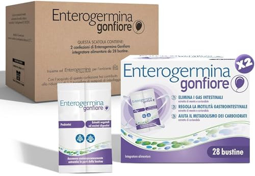 Enterogermina Gonfiore, Fermenti Lattici Probiotici, Prebiotici per Adulti - Integratori con Enzimi Digestivi ed Estratti Vegetali contro Pancia Gonfia e Gonfiore Addominale (56 Bustine Gusto Pesca)