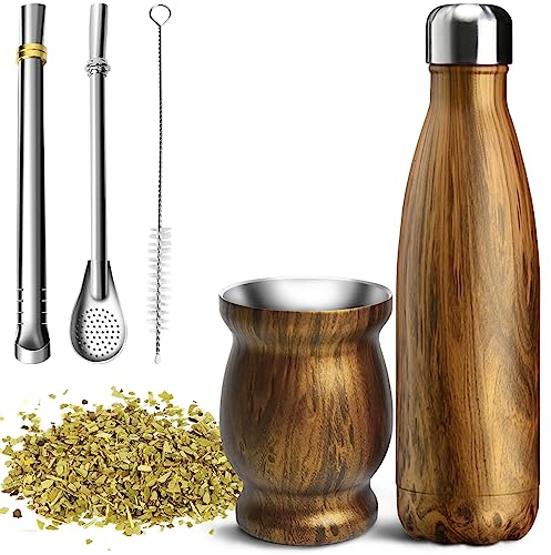 Artcome Juego de 5 tazas de yerba mate de acero inoxidable, 1 taza mate de doble pared de acero inoxidable de 8.5 onzas, 1 termo de 17 onzas, 2 bombillas (pajita de yerba mate), 1 cepillo