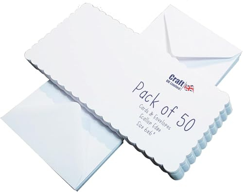 Craft UK 50 White Scalloped Cards & envelopes 6 x6, Card, 25 x 55 mm (Pack of 5)
