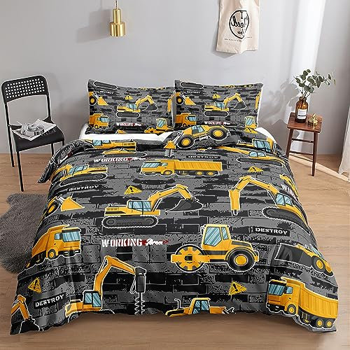 HOSIMA Bettwäsche-Set für LKW-Konstruktion, Drehmaschine, für Erwachsene, Jungen und Mädchen, Cartoon-LKW-Konstruktion, Bettbezug mit 3 Kissenbezügen (LKW-Konstruktion3 M)