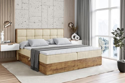 ALTDECOR Boxspringbett mit Matratze und Lattenrost, Topper, Fußteil,Polsterbett mit Bettkasten, Bett mit Stauraum H3-Matratze, Doppelbett, Boxbett - LOLLI2-180x200 - Beige Casablanca
