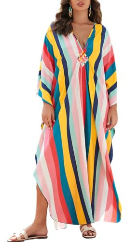 Bsubseach Kaftan Kleider für Frauen Plus Größe Kaftane Lange Strand Badeanzug Cover Up Sommer Loungewear Bunte Streifen