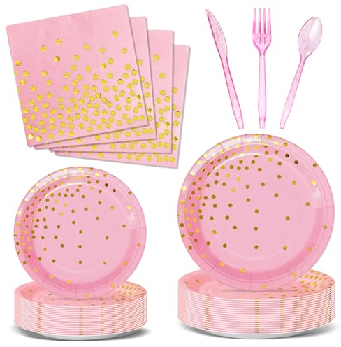 Nkaiso Stoviglie Per Feste 144 Pezzi Rosa e Oro Festa della Addobbi Ragazza di Compleanno dei Dambini Festa Posate set Include Piatto di Carta Party Tovaglioli Riutilizzabili Posate -24 Ospiti