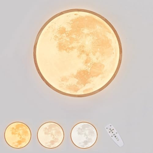 EOEO LED Holz Wandleuchte Innen Dimmbar mit Fernbedienung 24W Kinderzimmer Mond Wandlampe Moderne Deko Licht Runde Nachttischlampe Wandbeleuchtung für Schlafzimme Wohnzimmer Flur,Ø40cm