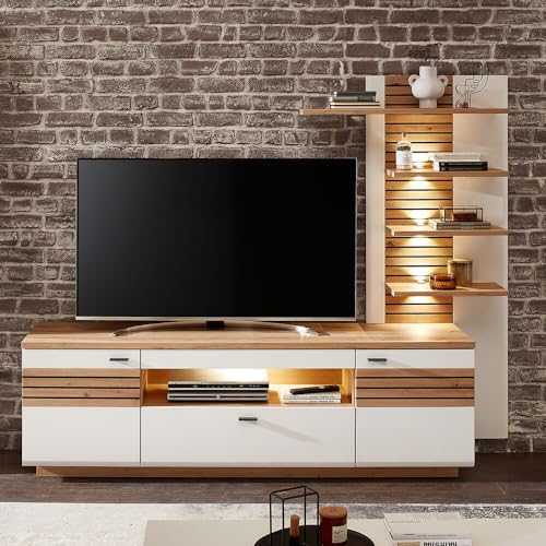 Lomadox Wohnwand TV-Wand weiß mit Eiche 2-teilig modern, 1 Lowboard, 1 Wandpaneel, inkl. Beleuchtung