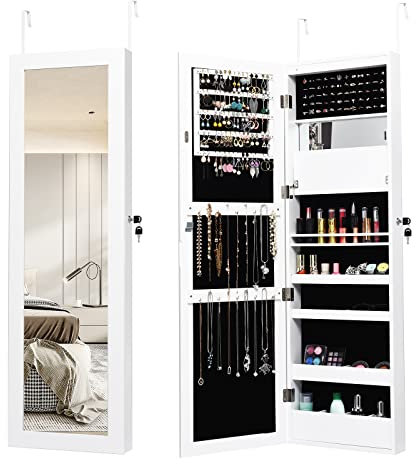 COSTWAY 15 LED Lights Jewellery Cabinet, Door Hanging/Wall Mounted Jewelry Armoire with Full Length Mirror and Large Storage, Bedroom Lockable Makeup Cosmetics Jewellery Organiser Unit Gift (White)