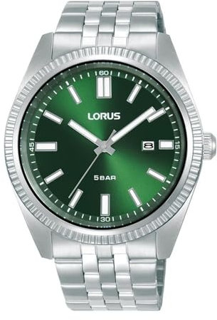 LORUS Herren Analog Quarz Uhr mit Edelstahl Armband,Silber/Grün