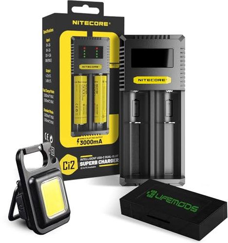 Nitecore Ci2 Chargeur de batterie rapide USB-C QC/PD à double fente pour Li-Ion/Ni-MH/Ni-Cd, compatible avec 14500, 16340, 18350, 18650, avec boîtier de batterie et lampe de poche COB.