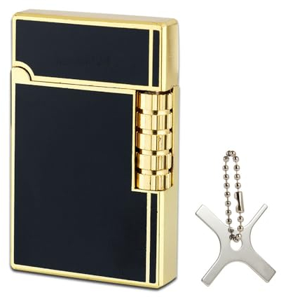 Design Feuerzeug | Farbe: Schwarz Gold (Klavierlackoptik) | Stand Flamme | Reibrad | Set Edles Vintage Gas Marken Feuerzeug + Coumo Justier Werkzeug | Geschenkverpackung
