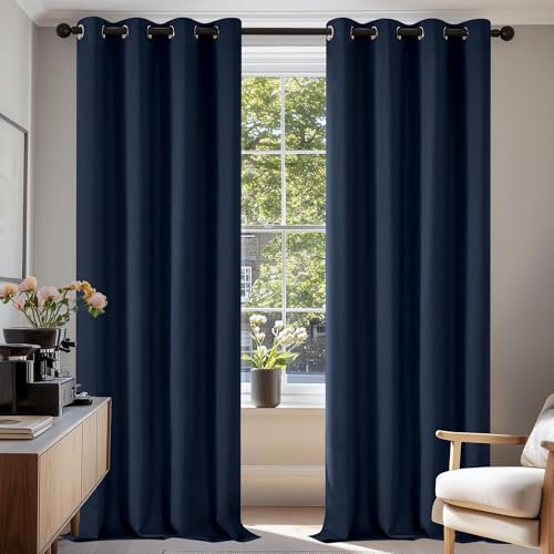 Deconovo Vorhang Verdunkelung Ösen Blickdicht Gardinen Wohnzimmer Thermovorhang, 245x140 cm(HöhexBreite), Dunkelblau, 2er Set