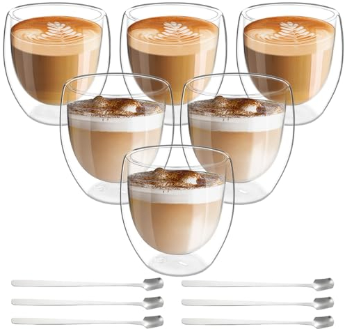 Latte Macchiato, set di tazze da caffè a doppia parete, 6 x 80 ml, a doppia parete, con 6 cucchiai, cappuccino, tazze da caffè, bicchieri da caffè