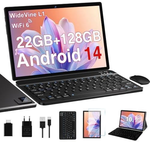 Tablette Android 14 Tablette 10 Pouces 22Go RAM + 128Go ROM(2To Extensible), Octa-Core, GMS Tablette Tactile, WiFi 6, 5G Wi-FI, Widevine L1, 8000mAh, GPS, Tablettes avec Clavier+Souris et Cas-Noir