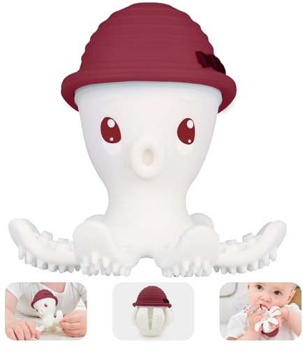Jouets de dentition pour bébés de 3 mois +, jouet à mâcher amusant pour les enfants, jouets de dentition en silicone Mombella Pieuvre, facile à tenir, cadeau pour nouveau-né, rouge