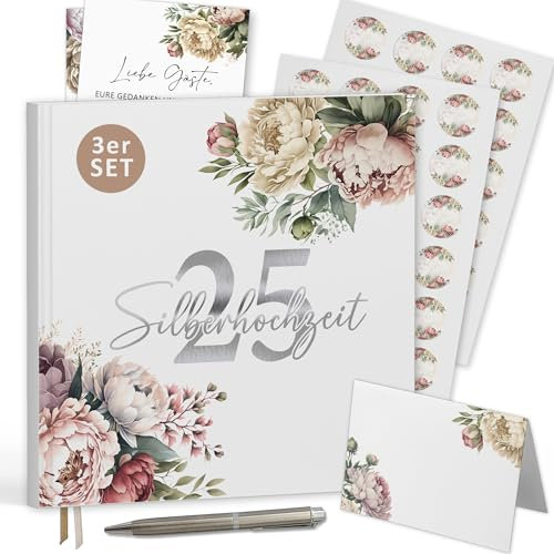 Gästebuch-Set zum 25. Hochzeitstag im Pfingstrosen-Design - Erinnerungs-Album mit Tischkarten, Aufkleber - Blanko ohne Fragen zum Ausfüllen 72 Seiten(25 Silberhochzeit-Set / Pfingstrosen, 21x21cm)