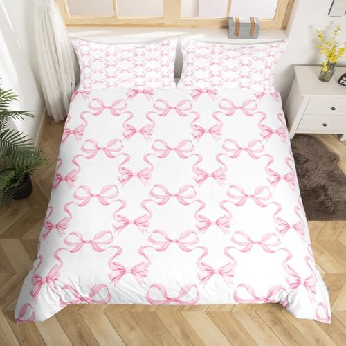 Pink Bowknot Duvet Cover Double Size,Princess Style Watercolor Bow-tie Bedding Set 3 Pcs for Kids Teens,Fairy Tale Bow Ribbon Stripes Pink White Comforter Cover(No Filler),Kawaii Quilt Cover