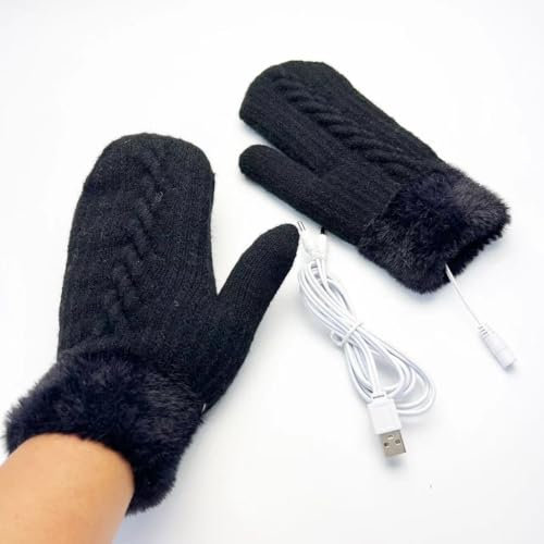 NICEYEA Winter USB Heated Gloves for Women Ladies Thermal Heating Mittens Hand Warmers with Fleece Lining Knitted Full Finger Gloves (Black)
