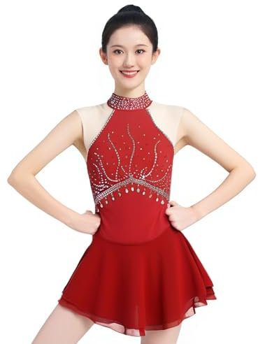 Kmarouse Eiskunstlaufkleid for Damen Und Mädchen. Flexible, Glitzernde Eislaufkleider for Den Wettkampf(Red,XXXS)