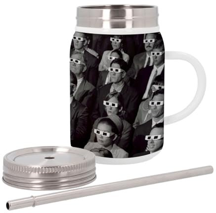 Tazza termica in acciaio inox con coperchio e cannuccia - Public Cinema Occhiali 3D 1960 Foto Vintage - 500 ml - Tazza termica