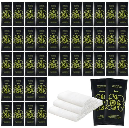 Hot or Cold Moist Cotton Towel Bulk Moist Towelettes Individually Wrapped | 50 White Towel Services,Refreshment Pre Moistened Towels Lemon Scent for Travel Sport Party Spa Dentist Hote8.7 x 8.7