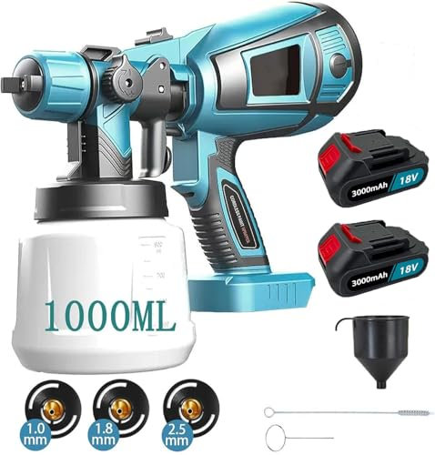 Akku Farbsprühsystem Für Makita, Elektrisches Lackierpistole mit 1000ML Behälter, Zaun Farbspritzgerät mit 3 Düsen, Farbsprühgerät Druckluft, HVLP Spritzpistole für Gartenzaun, Druckluft, Wandfarbe