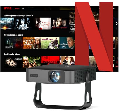 【Netflix Oficial/Giratorio 360°】 Mini Proyector Portatil 4K con Auto Enfoque/Keystone, VOPLLS Smart Proyector 550ANSI 1080P Full HD WiFi6 Bluetooth Projector para Cine en Casa