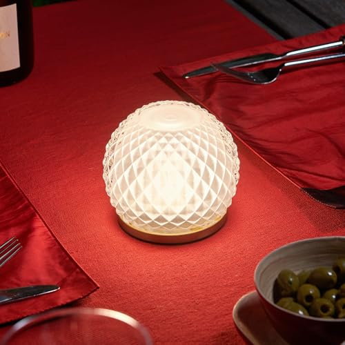 Auraglow Omniance Elara Rechargeable Table Lamp, Light Source and Remote | Cordless dimmable colour changing, wood and frosted design, USB C charge, timers, for dining, bar, hotel and home