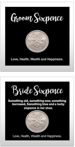 Lucky Wedding Sixpence Coin for Bride & Groom – Traditional Good Luck Keepsake Gift – Mr & Mrs Shoe Token – Fun Wedding Idea – Black & Silver Card Display with Coin