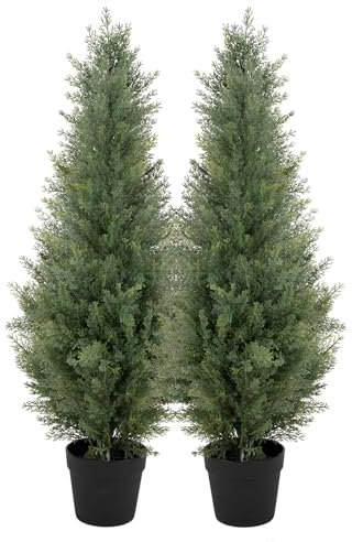 Bellacat 3ft(90cm) Artificial Topiary Trees Outdoor UV Resistant, 35in Fake Cypress Tree with Full & Realistic Leaves, Faux Cedar Tree for Proch Patio Front Door Deck Balcony Yard Decor, 2 Pack