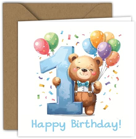 Glückwunschkarte zum 1. Geburtstag für Junge - Süßer Bär mit Luftballons - Happy Birthday Karte für Kleinkind - Kindergeburtstag | Klappkarte (15x15cm) - mit Kraftumschlag - Innenseite blanko