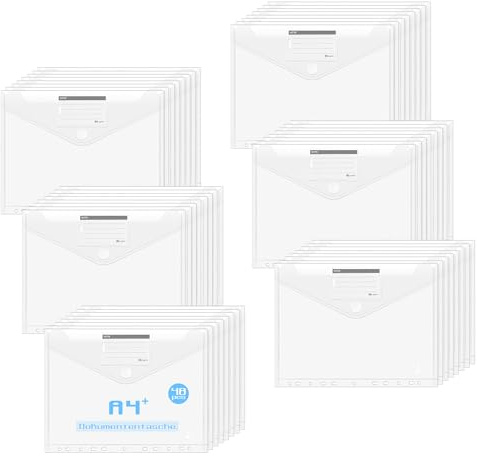 Agoer 48 Pochette Plastique A4+ Porte-Documents, Chemise Plastique Tailles Plus Large avec Bouton Pression, 11 Trous Pochettes Plastiques Perforées A4 et étiquettes pour Classeur Bureau Organiser