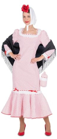 My Other Me - Disfraz Madrileña mujer blanco y negro adulto | Incluye vestido blanco con encaje, lunares rojos, falda de vuelo, bolsito a juego, pañuelo y mantón negro con flecos