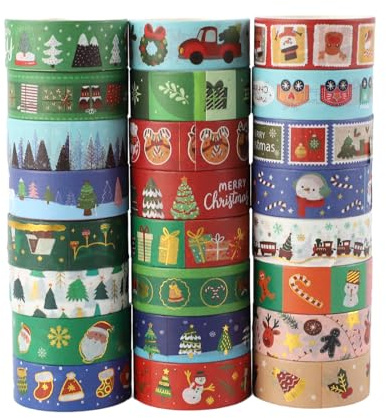 Fyfjur 24 Rollen Washi Tape Weihnachten, Washi Tape Set Selbstklebendes, Klebeband Bunt für DIY Weihnachten Handwerk, Scrapbooking, Geschenkverpackung (15mm)