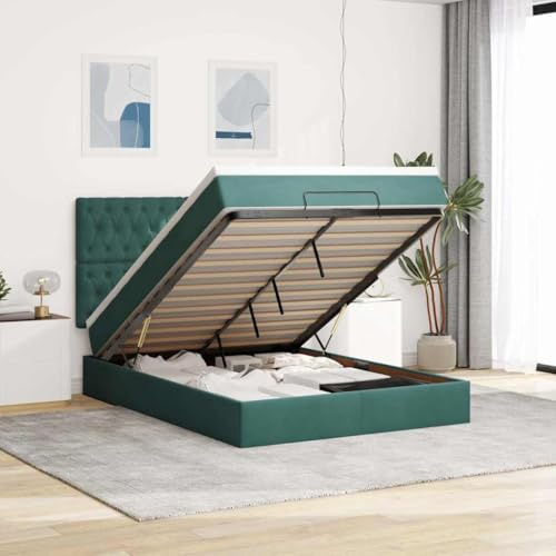 Teenpull Lit ottoman en velours vert foncé, 140 x 190 cm, rembourré, avec matelas, coussin, éclairage LED, cadre de lit avec grand espace de rangement, tête de lit, meuble moderne
