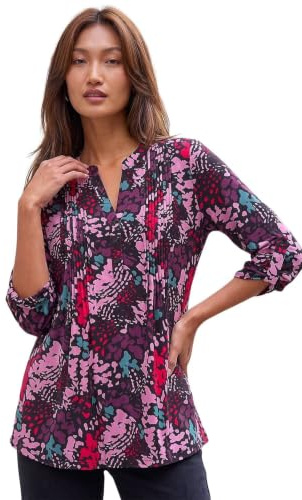 Roman Originals Pintuck Shirt for Women Ladies Jersey Blouse Collarless Top Flare Crinkle Notch Neck Tunic 3/4 Length Sleeve Longline Smart Casual Party Going Out - Pink Multi - Size 18