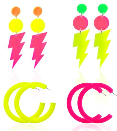 4 Paar Neon Ohrringe – 80er 90er Jahre Accessoires Set, Blitz & Creolen Acryl, Perfekt für Karneval Kostüm Damen, Faschingskostüme Damen, Retro Mode Accessoires, Mottoparty