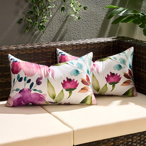 Kissenbezug 30x50 Outdoor Lendenkissenbezüge 30x50 cm 2er Set, Wasserdichter Lendenkissenbezug, Lila Blumenmuster, Wasserdichte Kissenhüllen im Landhausstil für Deko Terrasse Outdoor Gartenstuhl