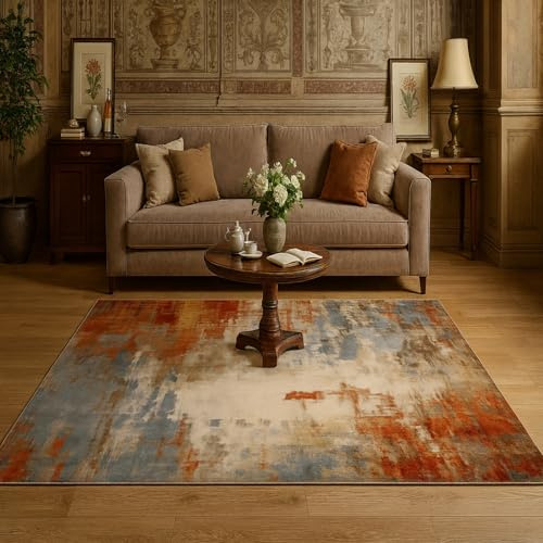 Softlyle Teppich Wohnzimmer 110 x 190 cm Teppich Antirutsch Kurzflor Waschbar für Büro Schlafzimmer Küche Modern Abstract Red Blue Beige Brown