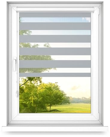 time4blinds - Doppelrollo ohne Bohren - Zebra Rollos für Fenster und Türen - zum Kleben, mit Aluminiumkassette, Lichtdurchlässiger Stoff, Kleberollos - Grau, 800x1900, Rechts