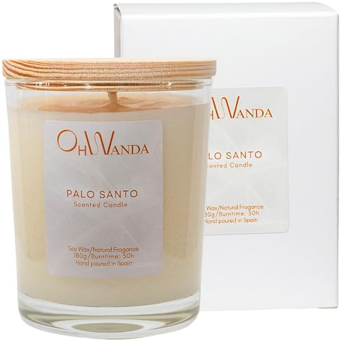 Ohwanda Vela Aromática Perfumada de Palo Santo para meditar, Purifica y Aporta Energía, Fragancia Larga Duración 50h sin quimicos, Cera de Soja Natural Perfumada, Aromaterapia Spa, Hecha en España