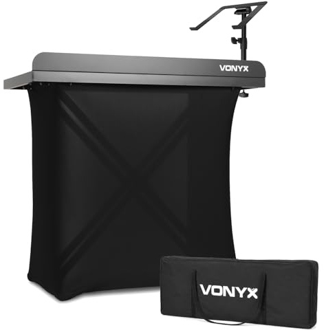 Vonyx DBE100 compact mobile DJ booth package with free carry bag and integrated laptop stand, a portable DJ stand solution for mobile gigs, parties, weddings, and professional events