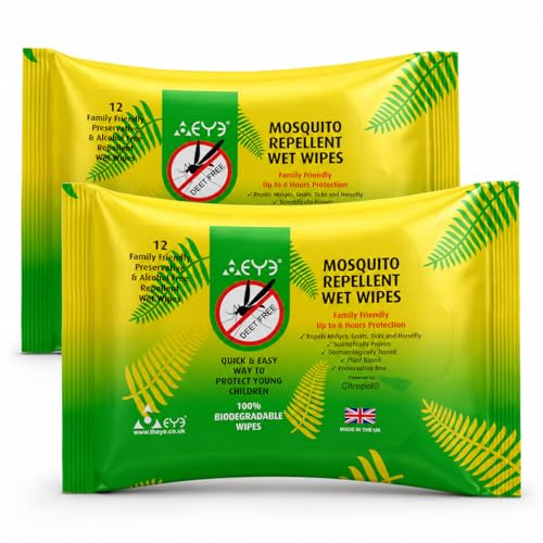THEYE, Mosquito Repellent Wipes, 100% Natural Plant-Based Insect Repellent, DEET-Free, Alcohol-Free, Up to 6 Hours Protection, for Sensitive Skin, 2 Packs x 12 Wipes