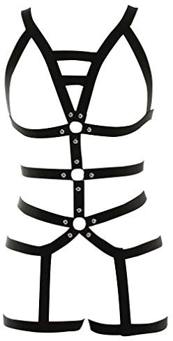 Damen Harness Strappy Ganzer Körper ärmelloser BH Rock Strumpfband Set Körper Geschirr Punk Gothic Brust Gürtel Tanzen Halloween-Fest (Schwarz)