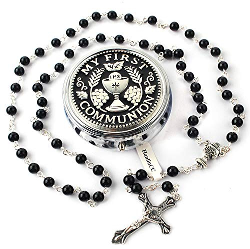 HanlinCC 6mm Glass Pearl Prayer Beads First Communion Rosary with Chalice Center Piece and Crucifix in Anti-Silver Plated Pack in Holy Cup Metal Gift Box, Glass