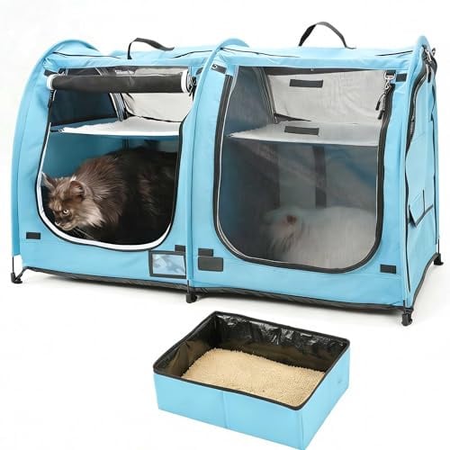 Mispace Katzenkäfig, tragbar, mit zwei Fächern, einfach zu falten und transportieren, bequem, für Welpen, Zuhause Hunde, tragbarer Tragetasche/zwei Hängematten/Matten zusammenklappbarer Katzentoilette