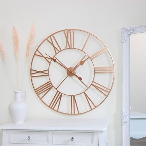 Melody Maison Large Rose Gold Roman Numerals Wall Clock 80x80cm Indoor/Outdoor, Open Face Skeleton Clock