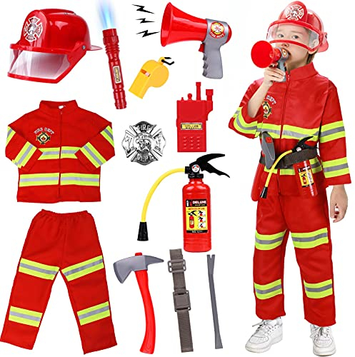 Tacobear Feuerwehrmann Kostüm Kinder Feuerwehr Rollenspiel Set mit Feuerlöscher Feuerwehrhelm Feuerwehrmann Spielzeug für Kinder Jungen Mädchen Karneval Halloween Fasching 3 4 5 6 7 8 9 Jahren