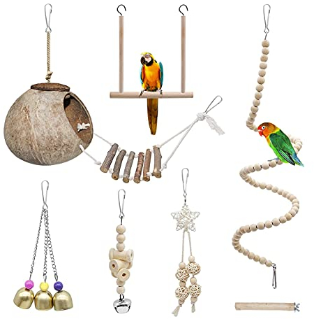 AGSYFFD Set mit 7 Papageienspielzeug,wellensittich spielzeug , Hängeschaukel mit Leiter, Kletterhängematte, Kokosnuss-Vogelkäfig, Kauspielzeug aus Holz